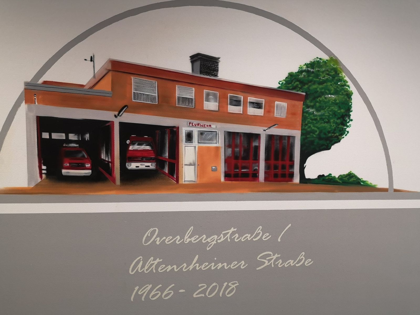 Gemaltes Porträt der früheren Feuerwache Overbergstraße / Altenrheiner Straße (1966 bis 2018) im Flur der Feuerwehr Rheine