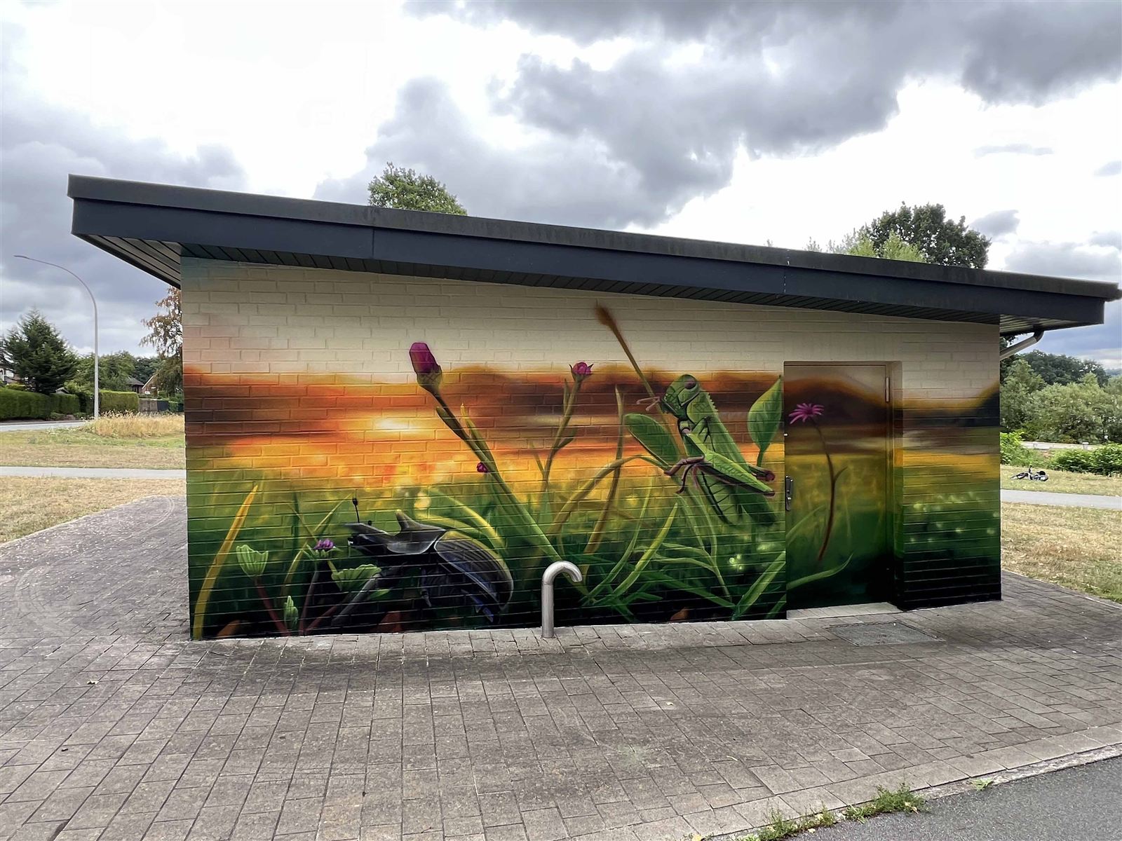 Pumpstation der Wasserwerke Tecklenburger Land am Aasee Ibbenbüren mit Wiesen- und Insektenmotiv im Abendlicht